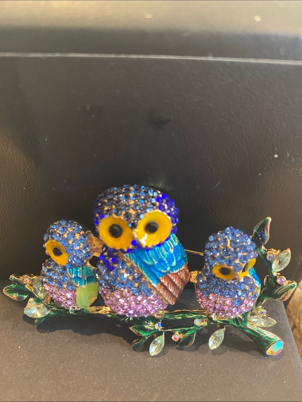 Blue and Yellow Crystal Owl Family Brooch
